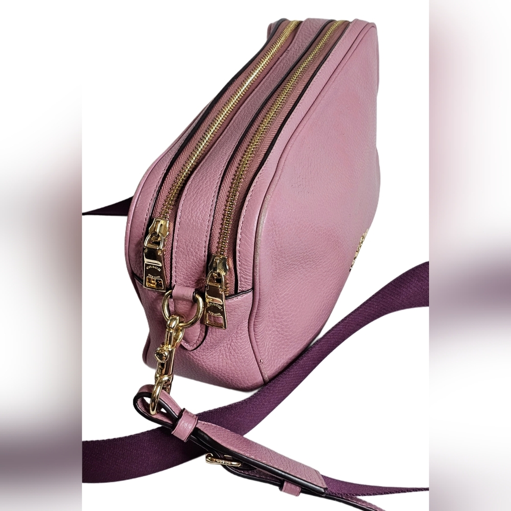 Coach Jes Crossbody Camera Shoulder Bag Double-Zip Pink Metallic Pebbled Leather - Picture 9 of 16